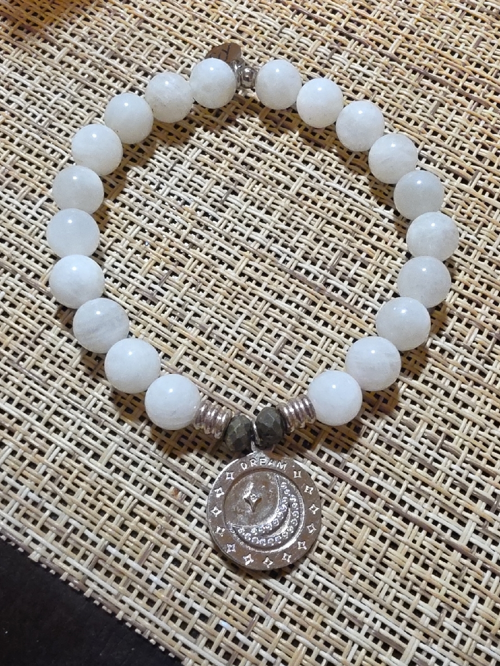 White Beaded Bracelet with Moon Coin Charm - Unbranded